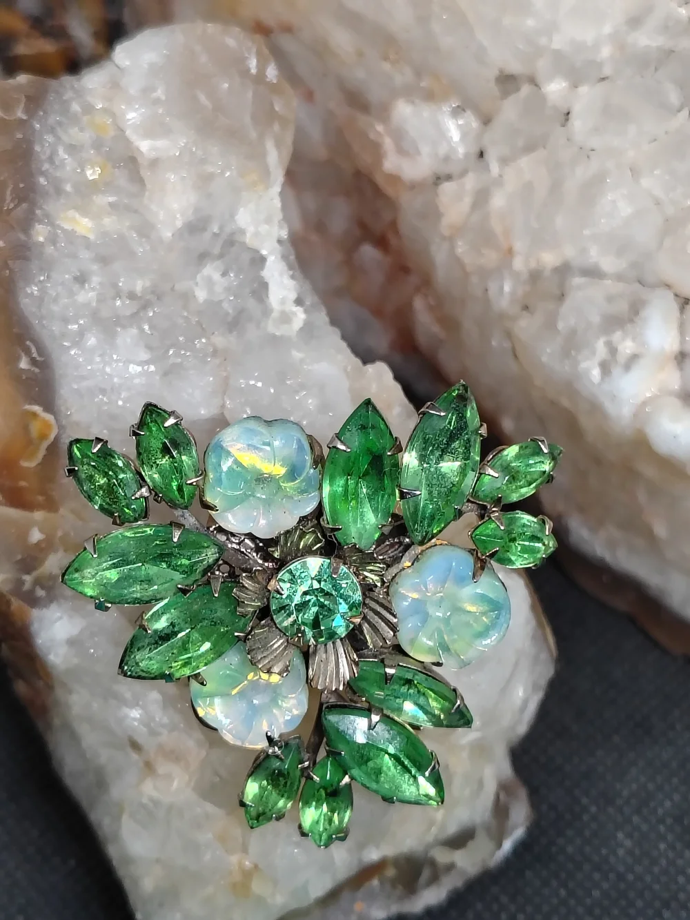 Vintage Floral Green and Opalescent Gold Tone Brooch